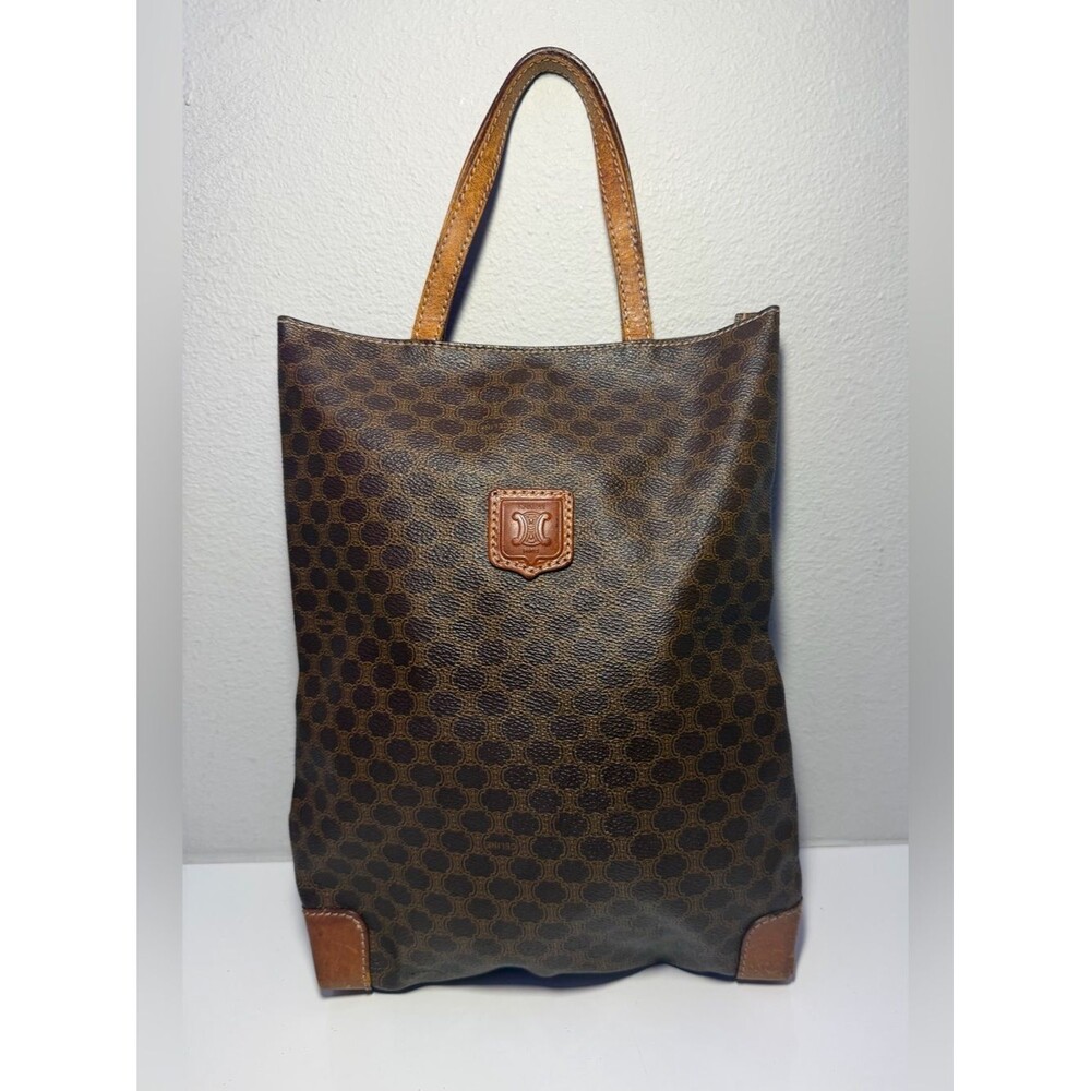 Celine Brown Monogram Tote with Tan Leather Trim